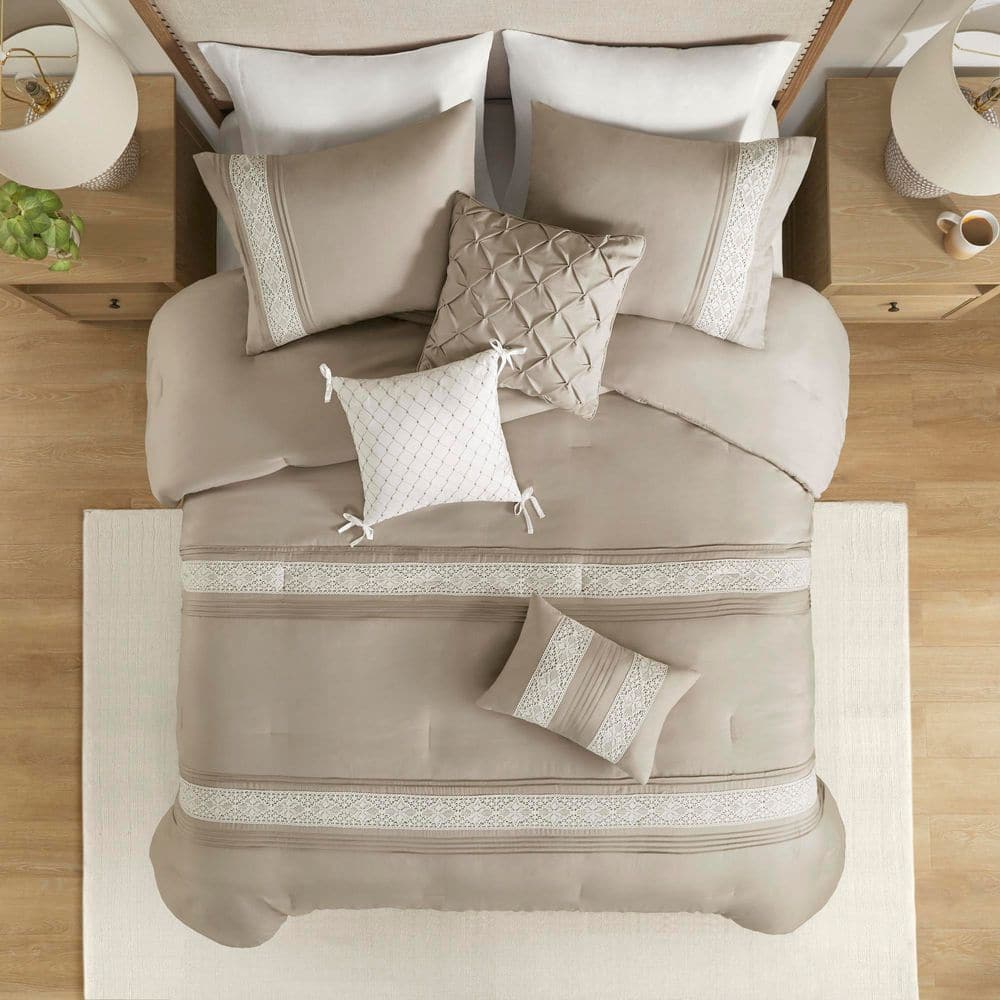 Taupe Queen Microfiber Comforter Set with Decorative Pillows