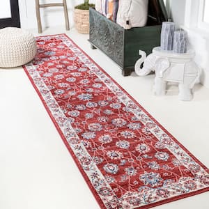 Modern Persian Vintage Moroccan Traditional Red/Ivory 2 ft. x 8 ft. Runner Rug
