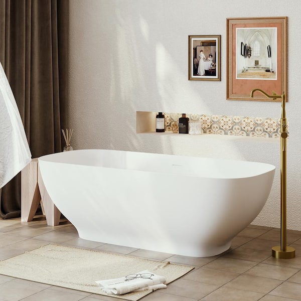 67 in. Stone Resin Flatbottom Solid Surface Freestanding Soaking Bathtub in White with Brass Drain