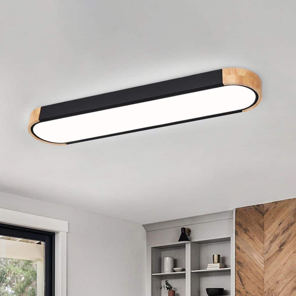 HUOKU Lumin 38 in. W 1-Light Black and Wood Integrated LED Flush