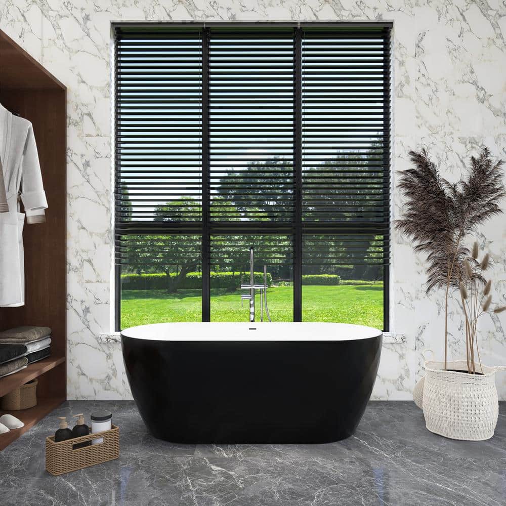 59 in. x 28 in. Soaking Bathtub with Center Drain in White and Black