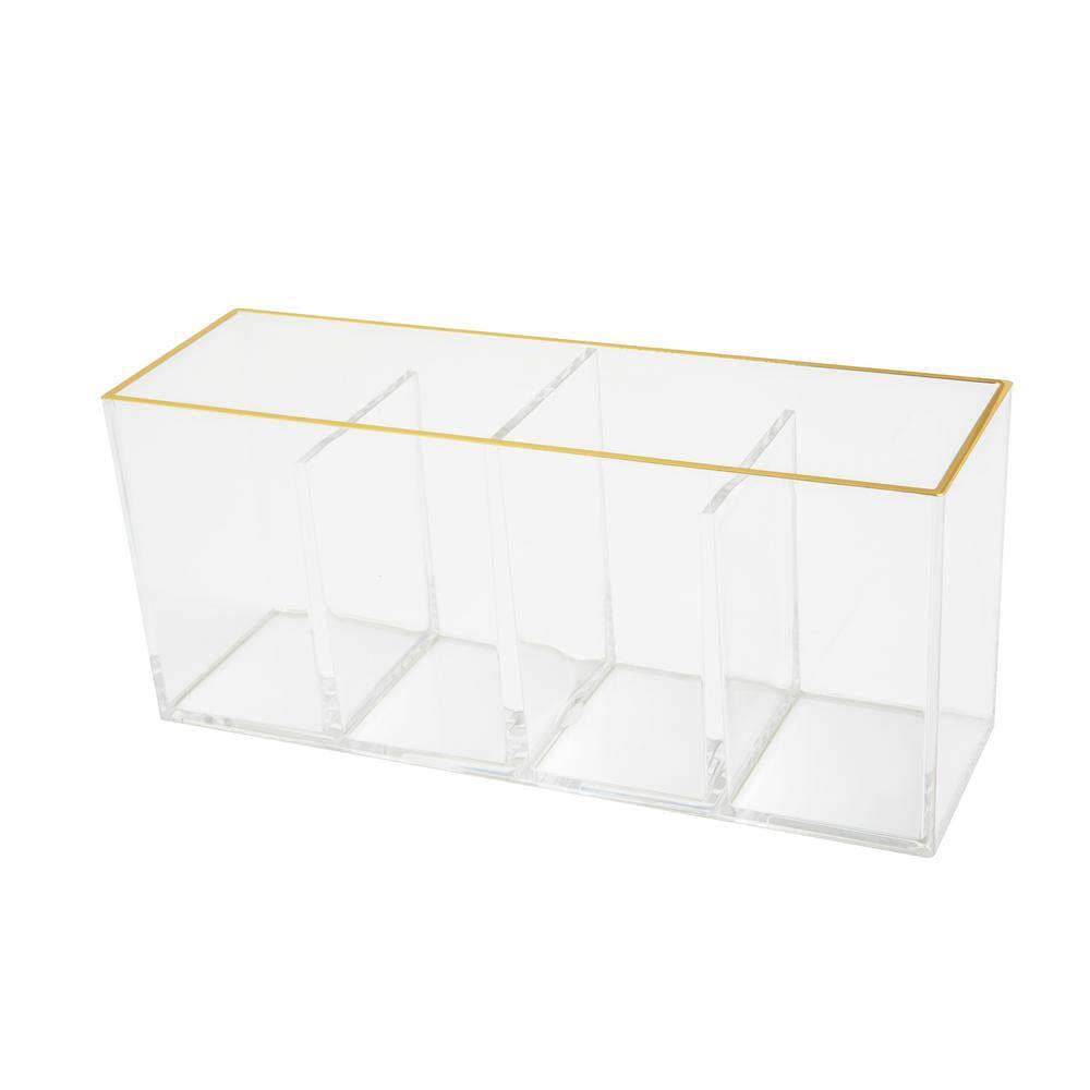 Clear Plastic 4 Compartment Pen Holder with Gold Trim