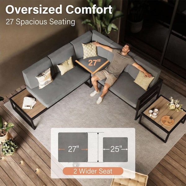 10-Piece Aluminum Patio Conversation Seating Set with Side Table, Coffee Table and Dark Grey Cushions