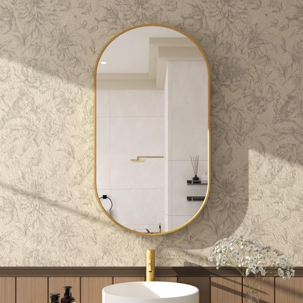 Hermitage Bath Tax 18 in. W. x 36 in. H Oval Framed Wall Bathroom Vanity Mirror in Gold