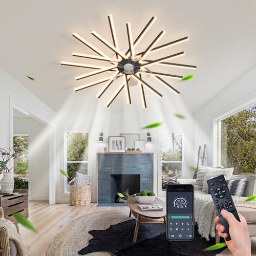 45 in. Indoor Modern Black Ceiling Fan with Light, Flush Mount Ceiling Fan with Remote, Dimmable, 3-Color, 6-Speeds OLUZO Ceiling Fans With Lights