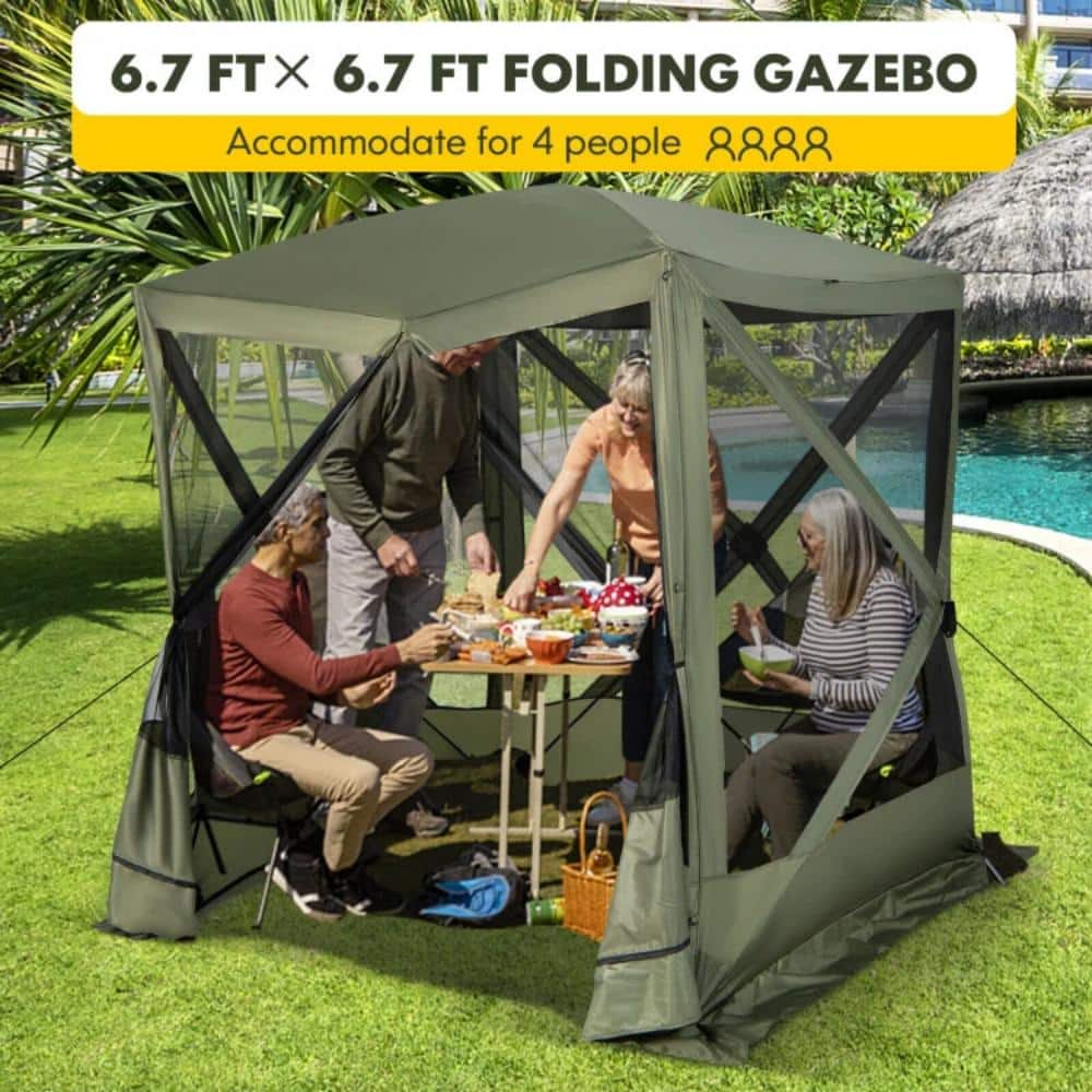 Green 6.7 ft x 6.7 ft Pop-Up Gazebo with Mesh Netting and Carry Bag