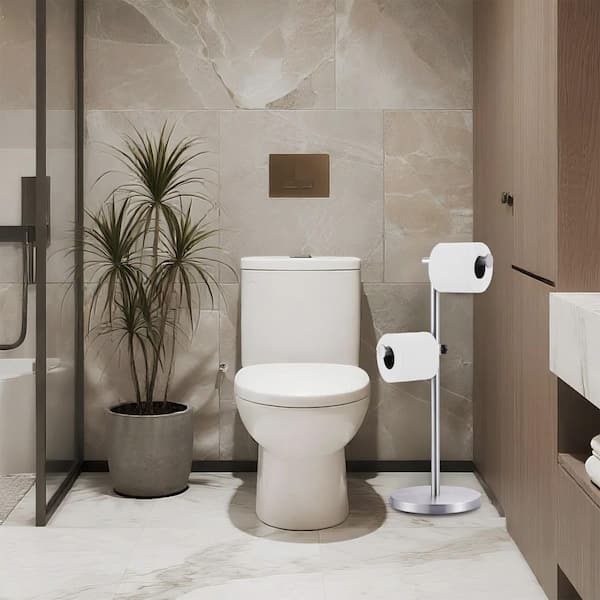 Free Standing Stainless Steel Toilet Paper Holder With Weighted Base and Reserve Storage for 2 Rolls in Brushed Nickel