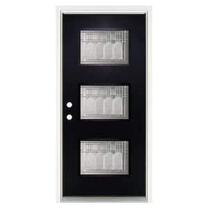 36 in. x 80 in. Right-Hand Inswing 3-Lite Vintage Glass Finished Black Fiberglass Prehung Front Door