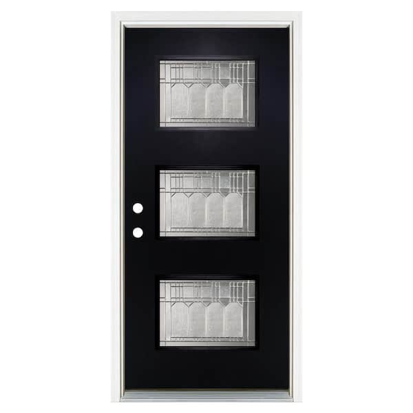 MP Doors 36 in. x 80 in. Right-Hand Inswing 3-Lite Vintage Glass Finished Black Fiberglass Prehung Front Door