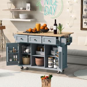 Blue Rubber Wood 53 in. W Kitchen Island Cart with Drop-Leaf Countertop and Cabinet Door Internal Storage Racks