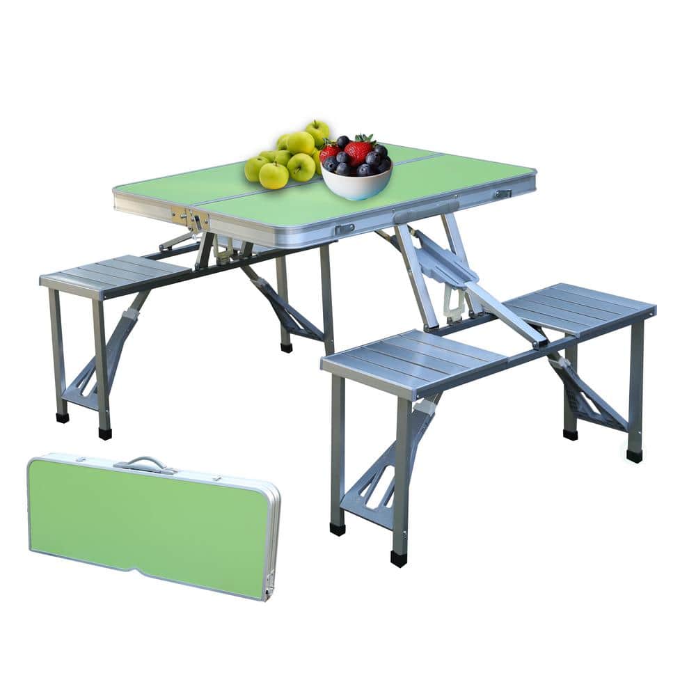 PLAYBERG Green Aluminum Portable Picnic Folding Table with 2 Benches
