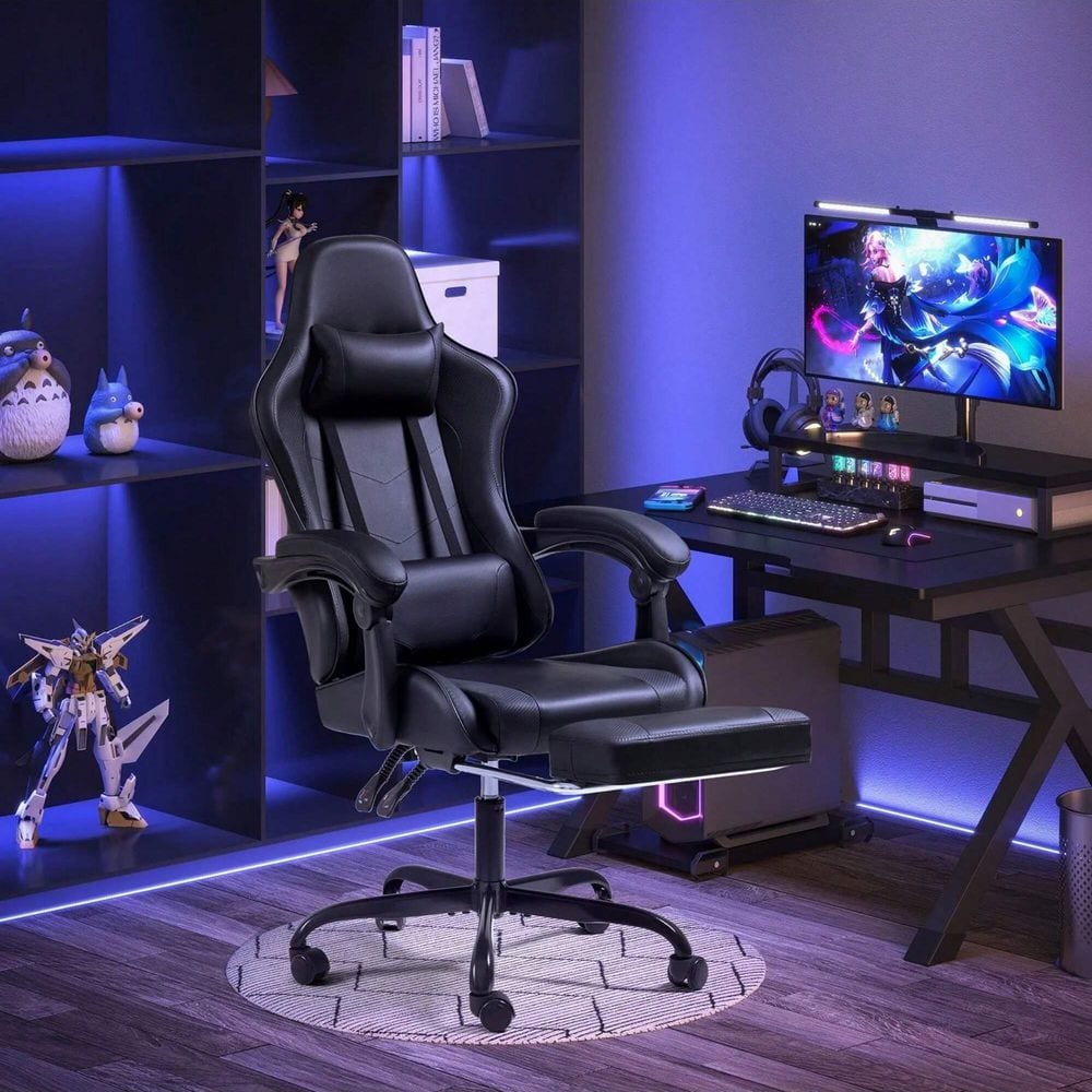 PU Leather Ergonomic Height Adjustable Footrest Massage Lumbar Support Gaming Chair in Black with Adjustable Armrests