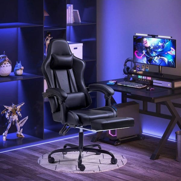 Polyurethane Height Adjustable Footrest Massage Lumbar Support Ergonomic Gaming Chair in Black with Adjustable Arms