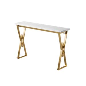 White 41.3 in. Wood and Metal Bar Table with Gold Base and Adjustable Leg Pad