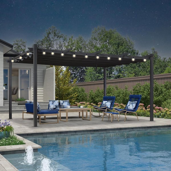 PURPLE LEAF 12 ft. x 16 ft. Gray Aluminum Frame Outdoor Patio Pergola with Gray Retractable Sun Shade Canopy and String Lights