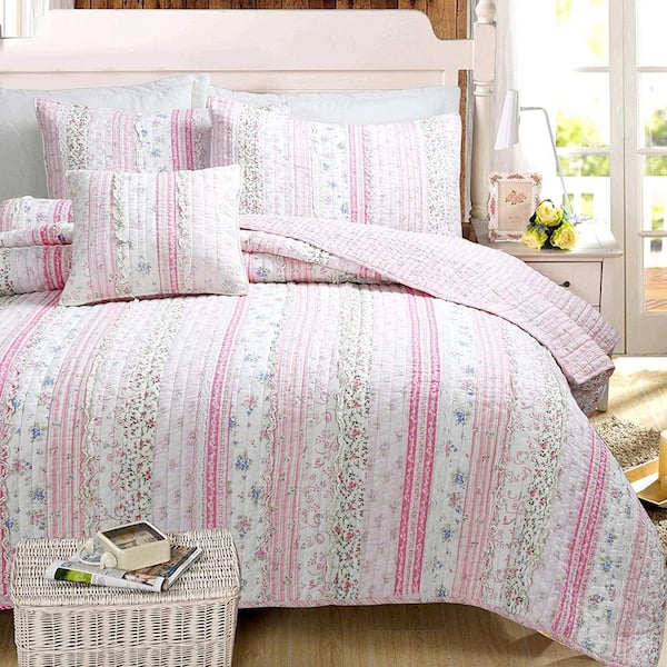 Cozy Line Home Fashions Pink Rose Peonies Flower Garden Lace Ruffle Stripe Shabby Chic 3-Piece Pink Cotton King Quilt Bedding Set