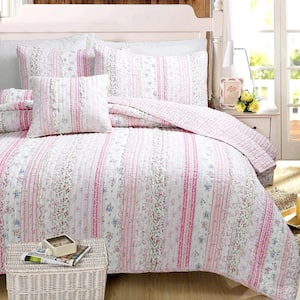 Pink Rose Peonies Ruffle 4-Piece Pink Floral Stripe Cotton Bedding Set with Decor Pillow Queen Quilt Set