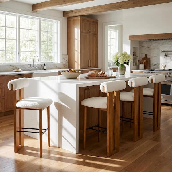 Afra 29.5 in. H White Fabric Upholstered Counter Barstools with Walnut Solid Wood Frame, Cloud Top Backrest, (Set of 4)