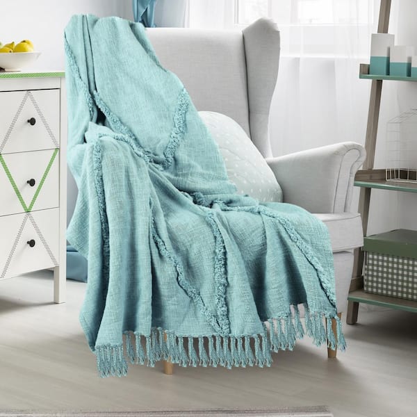 Unbranded Norah Aqua Sky Blue Bohemian Basics Decorative Diamond Tufted Cotton Throw Blanket