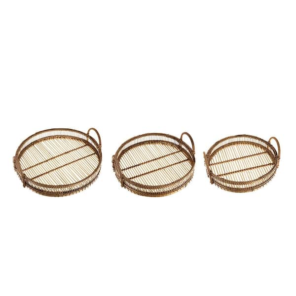 Avex D 15.7 x 5.1 in. Brown Bamboo Round Decorative Woven Trays with Handles (Set of 3)
