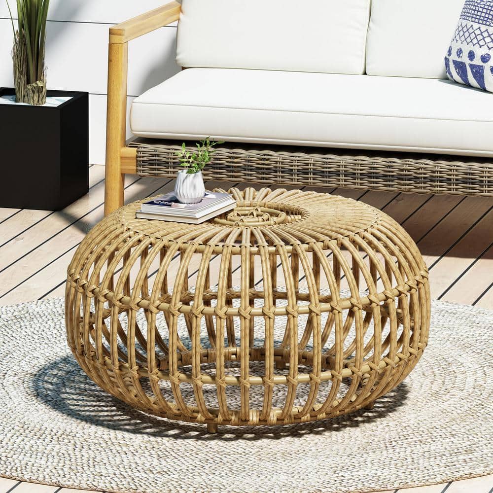 Light Brown Round Faux Rattan Outdoor Coffee Table