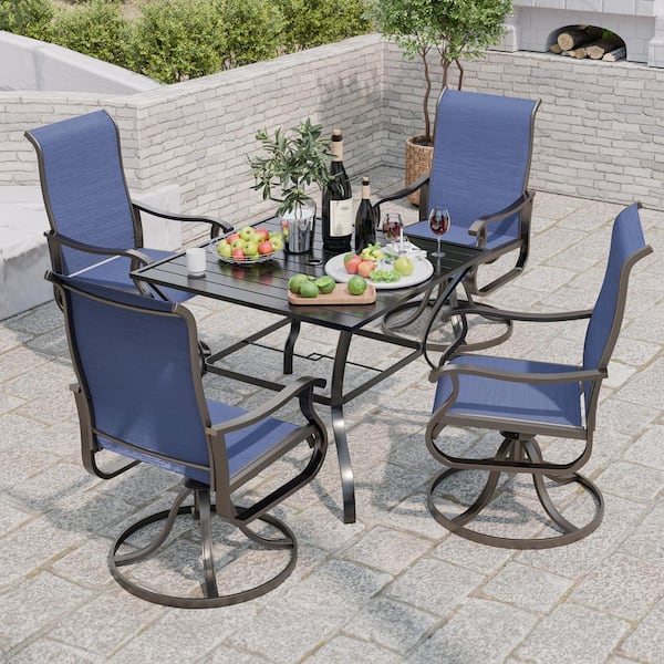 5- Piece Metal Patio Outdoor Dining Set with Square Table, Swivel Chairs in Navy Blue