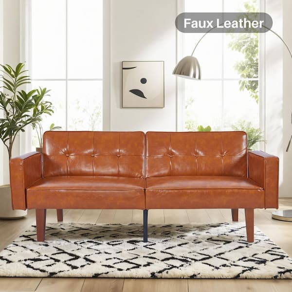 dreamlify 33 in. Wide Faux Leather Button Tufted Upholstered Armchair, Convertible Sleeper Couch 3-Seat Sofa, Brown