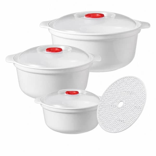 White Polypropylene Microwave Bowls, Food Grade Heat Resistant, Anti-Scald Handles with Secure Lids for Easy Heating