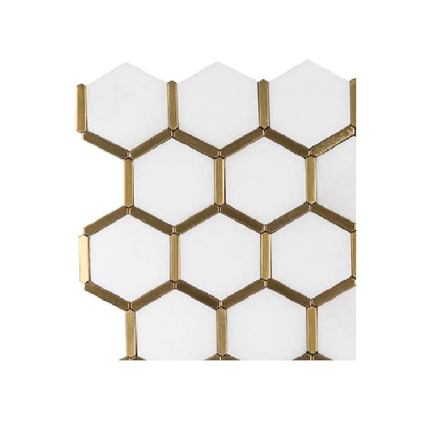 Take Home Tile Sample - Karats White 4.5 in. x 6.25 in. Hexagon Polished Marble/Gold Metal Mosaic