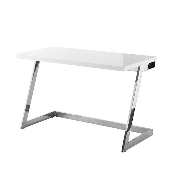 Inspired Home Oline White/Chrome Writing Desk High Gloss Lacquer Finish Top
