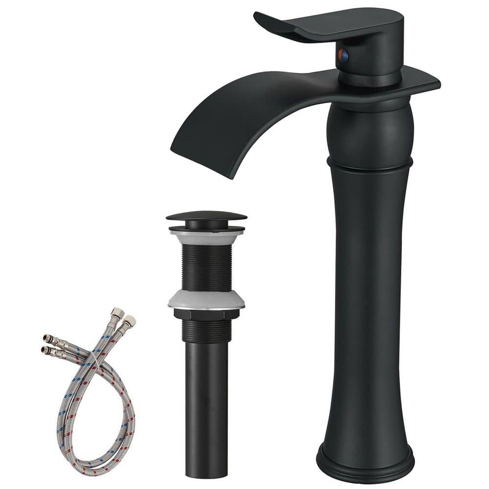 Black Waterfall Vessel Faucet - Single Hole Bathroom Sink Faucet With Glass Spout