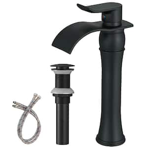 Waterfall Single Hole Single-Handle Vessel Bathroom Faucet With Pop-up Drain Assembly in Matte Black