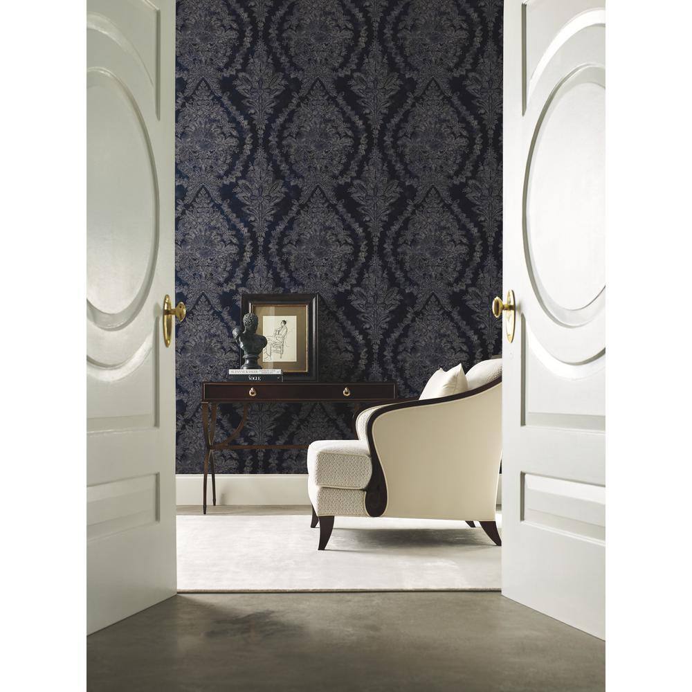 Navy Vinyl-Coated Damask Wallpaper with Acanthus Leaves