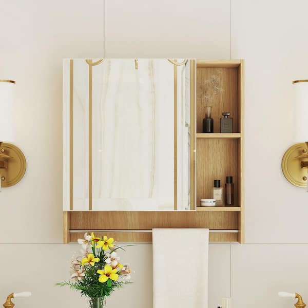 21.6 in. W x 22 in. H Natural Wood Rectangular Wall Mounted Medicine Cabinet with Mirror, Shelves and Towel Rack
