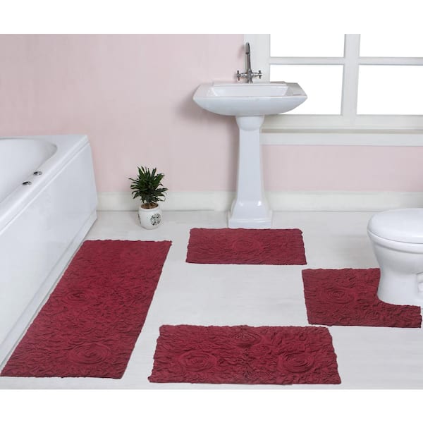 HOME WEAVERS INC Bell Flower Collection 100% Cotton Tufted Bath Rugs, 4-Pcs Set with Contour, Red