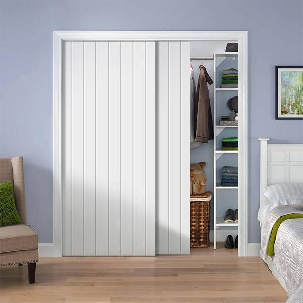 CALHOME 48 in. x 84 in. Hollow Core White Stained Solid Wood Interior Double Sliding Closet Doors