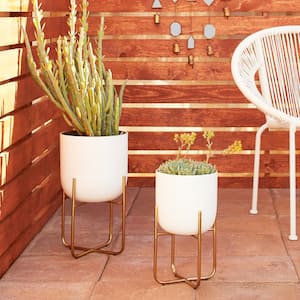 16 in., and 13 in. Medium White Metal Indoor Outdoor Planter with Removable Gold Stand (2- Pack)