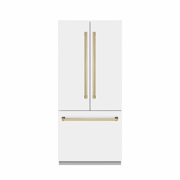 ZLINE Kitchen and Bath 36 in. 19.6 cu. ft. Built-in Bottom Freezer Refrigerator in Matte White with Graphite Gray Interior and Gold Accents