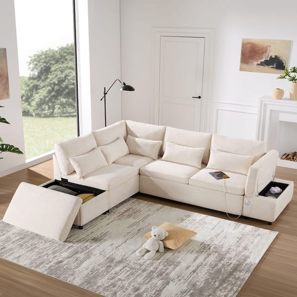 anpport Luxury Collection 107 in. Chenille Light Khaki Twin Size Modular Sofa Bed with Storage Ottoman and Charging Station