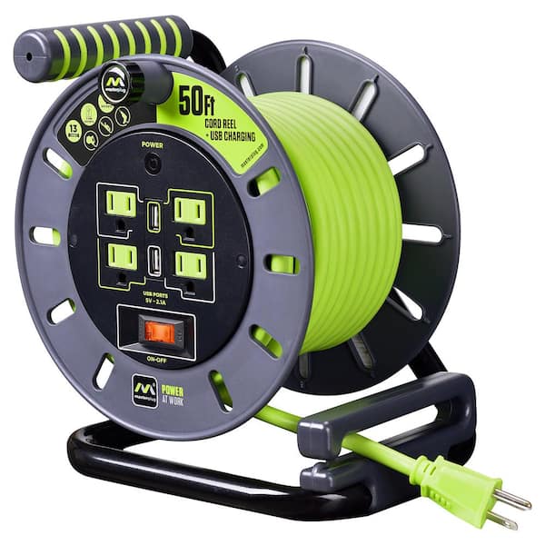 Masterplug 50 ft. 13 Amp 14 AWG Medium Open Reel with USB Charging and  4-Sockets OMA501314G4SLU - The Home Depot