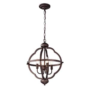 4-Light Brown Round Iron Ceiling Lamp Chandelier with Brown Ringed