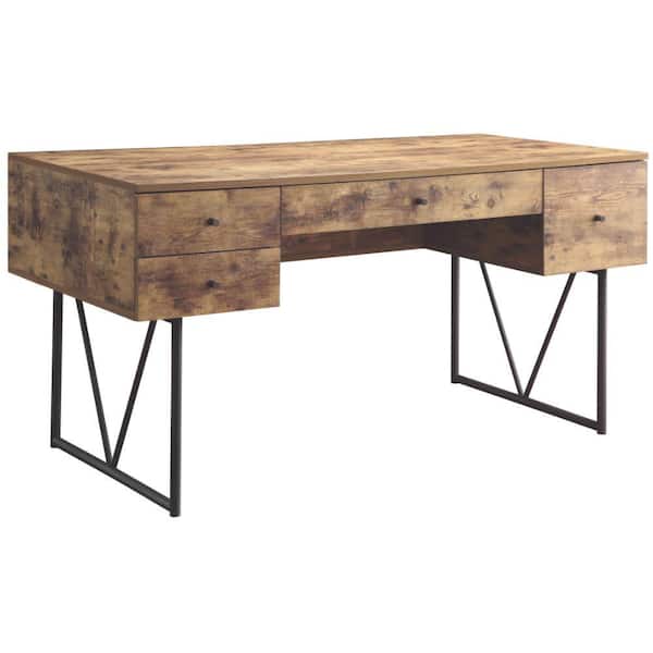 Benjara 29 in. Rectangular Brown 4 Drawer Writing Desk with Solid Wood Material