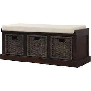 43.7 in. Rustic Entryway Storage Bench with 3-Removable Classic Rattan Basket, Removable Cushion - Espresso