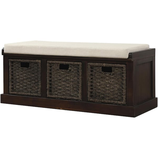 aisword 43.7 in. Rustic Entryway Storage Bench with 3-Removable Classic Rattan Basket, Removable Cushion - Espresso