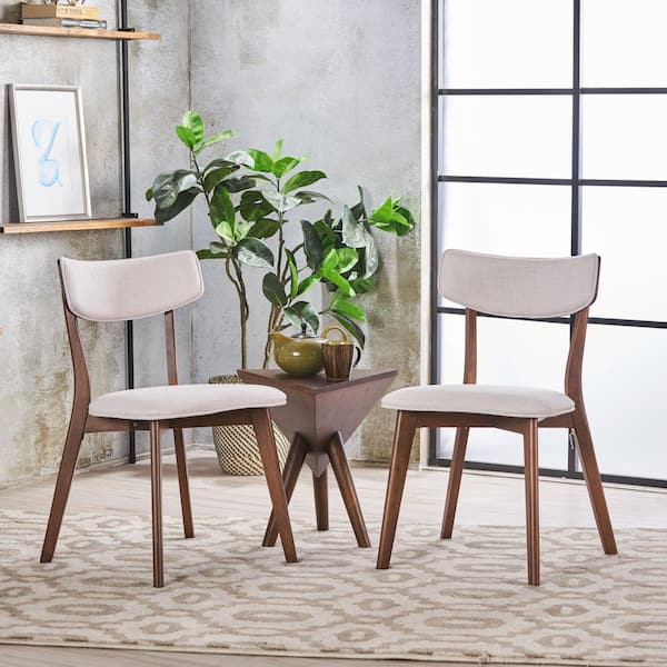 CHRISTOPHER KNIGHT HOME Riley Light Beige Mid Century Modern Fabric Upholstered Dining Chairs with Walnut Finished Frame, Solid Wood, (set of 2)