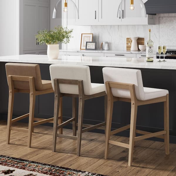 Nathan James Gracie 24 in. Modern Counter Height Wood Bar Stool w Back Textured Linen Upholstery Cream Boucle Dark Brown 24302 The Home Depot