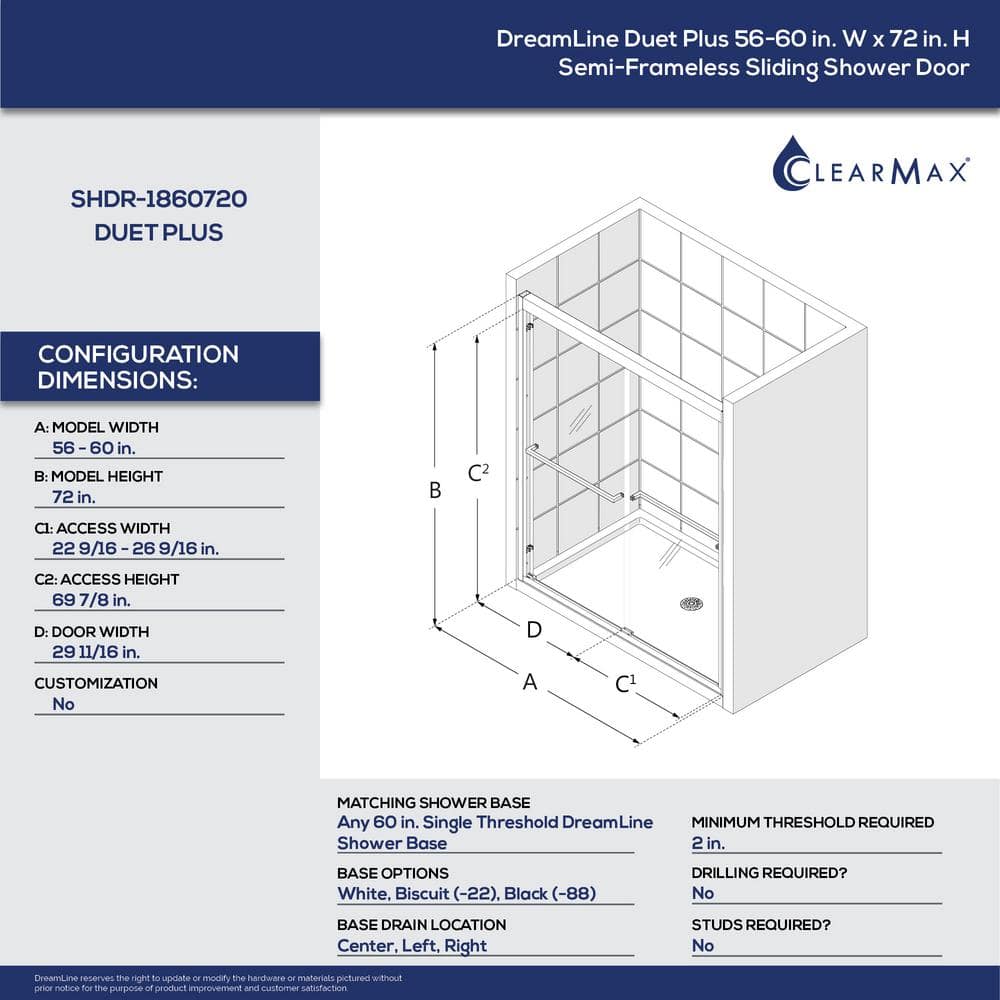 Duet Plus 56"-60" Chrome Semi-Frameless Sliding Shower Door
