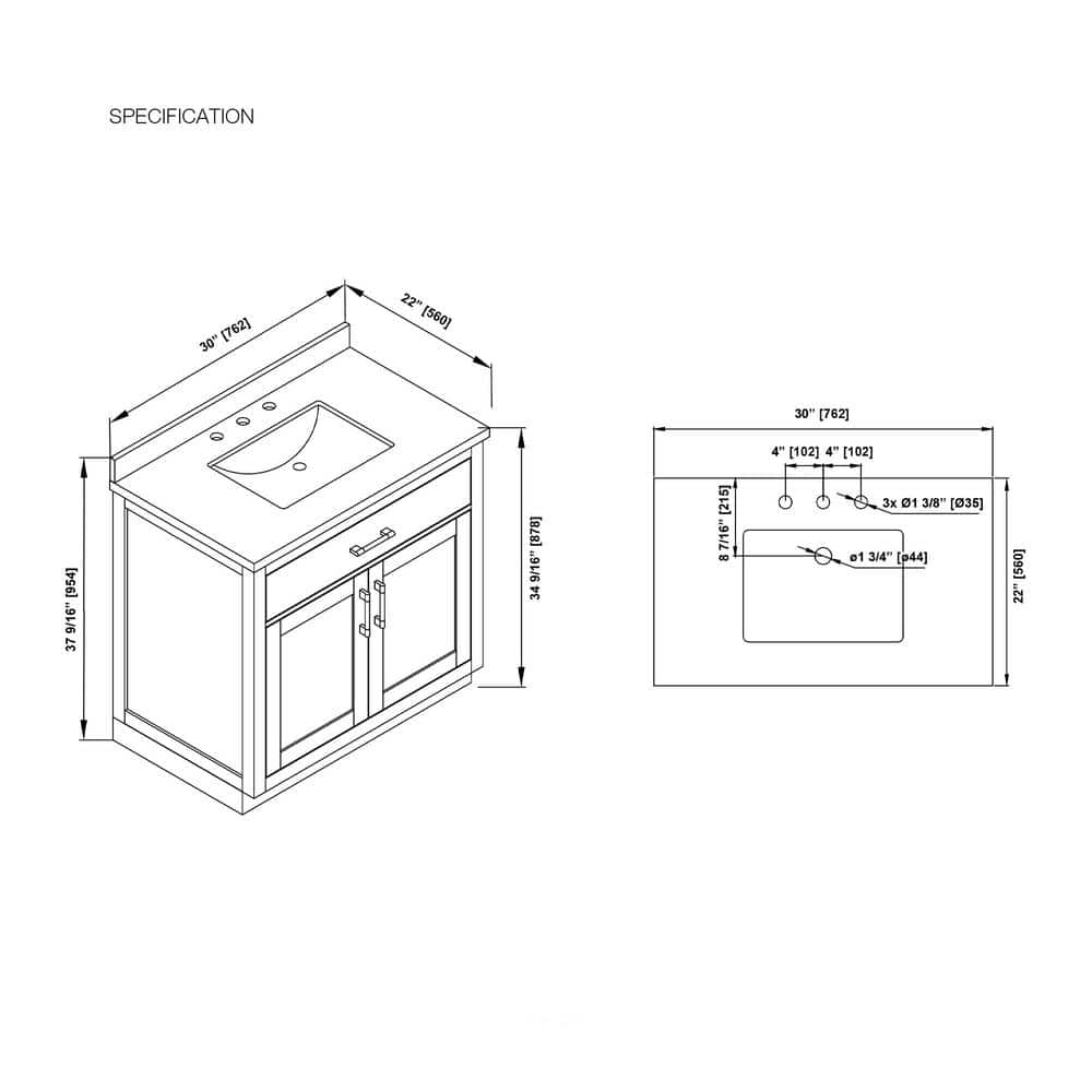 Bailey 30" Matte Black Single Sink Vanity with White Quartz Top