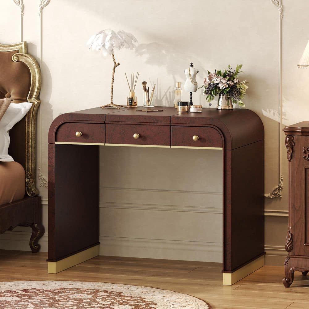 Espresso 2 Drawers 38.8 in. W Makeup Vanity Dresser with Flip Mirror, No Stool