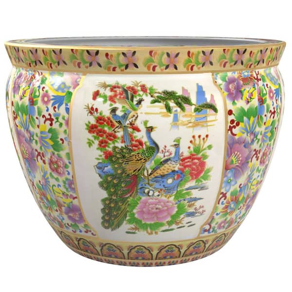 Oriental Furniture 18 in. Satsuma Birds & Flowers Porcelain Fishbowl